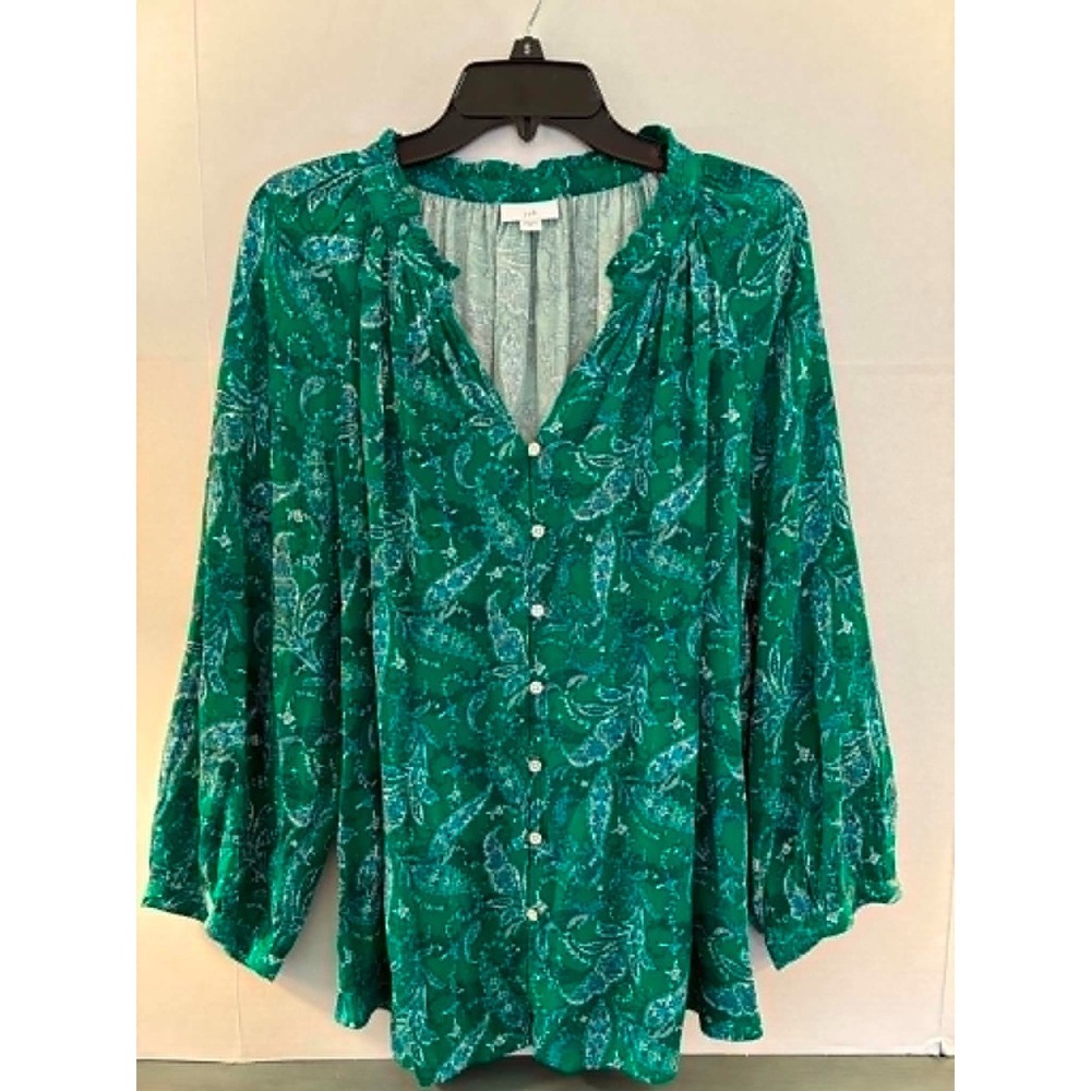 J. Jill Womens 2X Green Paisley Button Front Tunic Boho Peasant Blouse